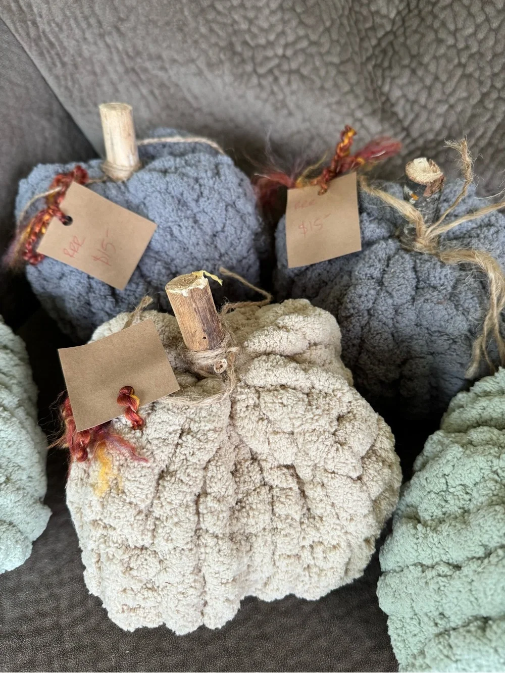 Set of 4 - Plush Chenille Decorative Pumpkins Soft Fall accent Sage, Beige, Gray